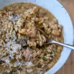 Creamy chicken and mushroom risotto topped with grated Parmesan and fresh herbs, served in a speckled bowl with a spoon.