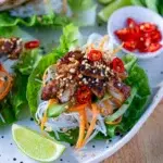 Hoisin chicken served in lettuce cups with vermicelli noodles, julienned carrots, cucumber, crushed peanuts, and sliced red chili, garnished with lime wedges on the side.