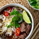 Overhead shot of Cheat's Beef Pho, featuring slices of beef, rice noodles, fresh herbs, and lime in a flavorful broth.