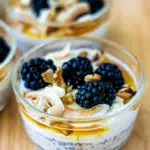 Chia and oat pudding garnished with coconut flakes and blueberries in a glass container.