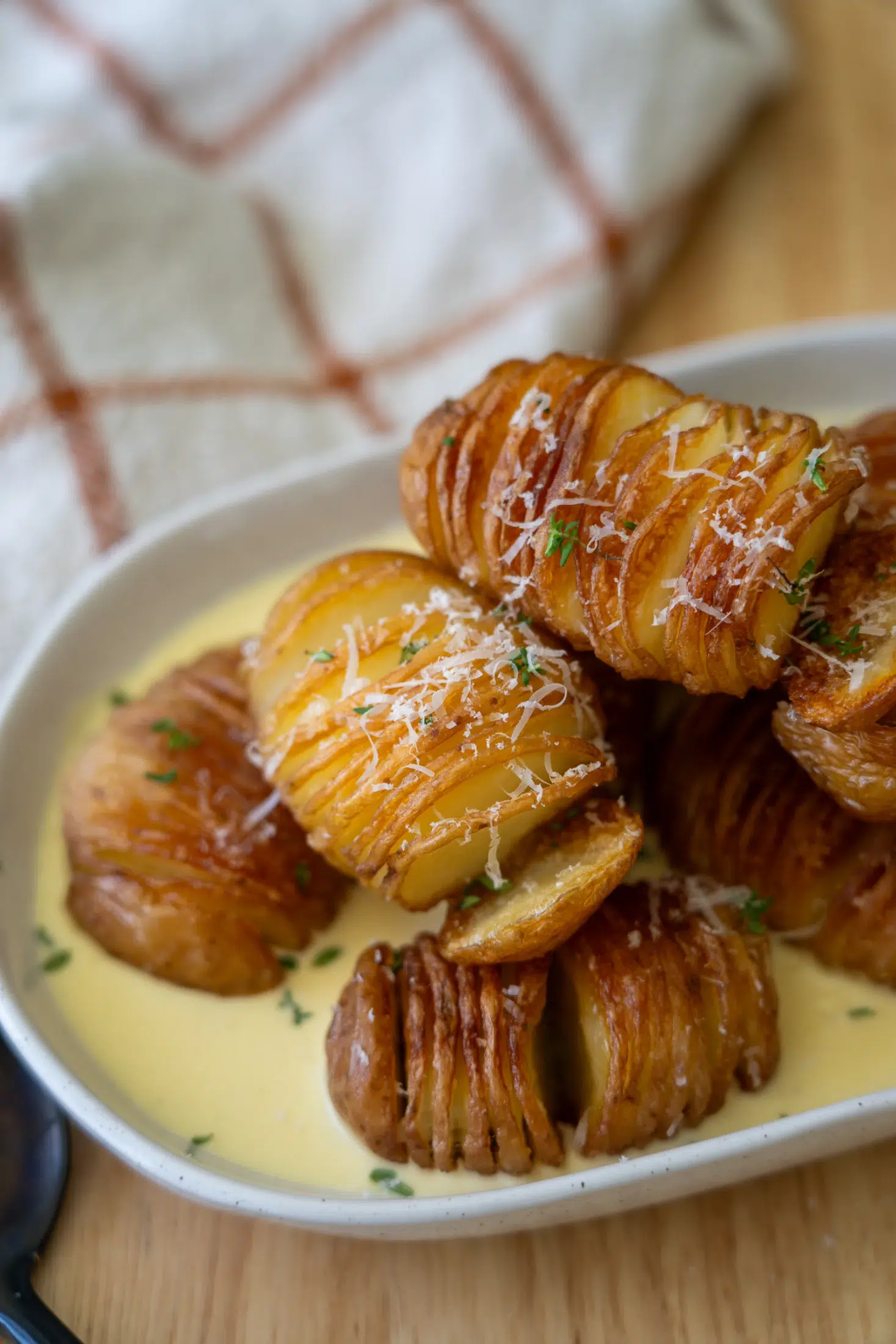 Close up of Hasselback Potato Recipe