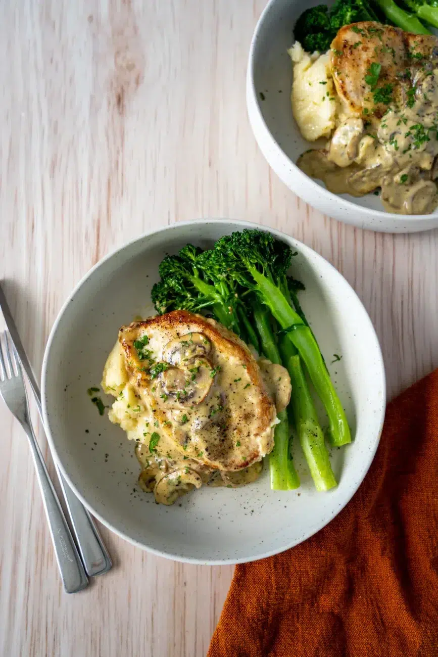 Chicken with Creamy Mushroom Sauce Mash and Green Vegetables