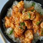 Close-up of crispy honey soy chicken drizzled with a sweet sauce, garnished with sesame seeds and topped with chopped spring onions