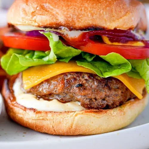 Close up of Juicy Homemade Beef Burgers Recipe