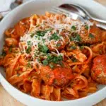 Pasta with Baked Meatballs in Garlicky Tomato sauce Recipe and utensils