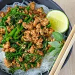 Chicken and Thai basil stir-fry with noodles
