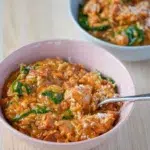 Bowl of creamy chicken and chorizo risoni (orzo) with a spoon in action, capturing the creamy texture and colorful ingredients