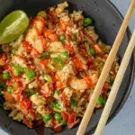 Close-up of a bowl of fried rice topped with shrimp, green onions, crispy onions, and drizzled with hot sauce, served with a lime wedge on the side