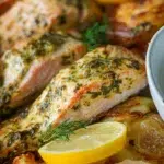Dijon salmon fillet and roasted potatoes in a baking pan, garnished with herbs and a lemon slice