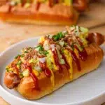 These are hot dogs with a difference as they are filled with a unique combination of popular Scandinavian ingredients and flavours, including creamy potato salad and pickles.