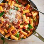 One-pan creamy pork sausage rose pasta, ready to serve.