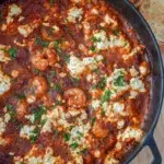 Overhead shot of prawn saganaki in a skillet, garnished with feta cheese and fresh parsley.