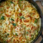 Top view of a pan filled with creamy Chicken and Broccoli Lasagne, topped with golden melted cheese.