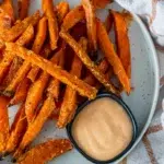Crispy sweet potato fries served with a side of gochujang mayonnaise.