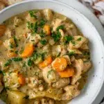 Overhead shot of a bowl of hearty chicken stew, garnished with fresh herbs.