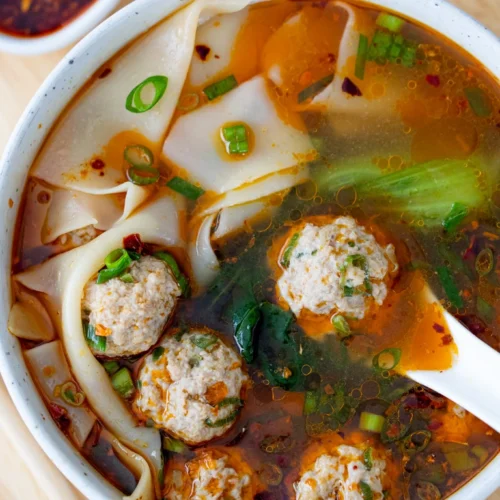 Overhead image of plated wonton soup