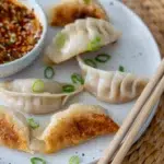 Sideways-plated pork and cabbage dumplings with chopsticks resting beside them