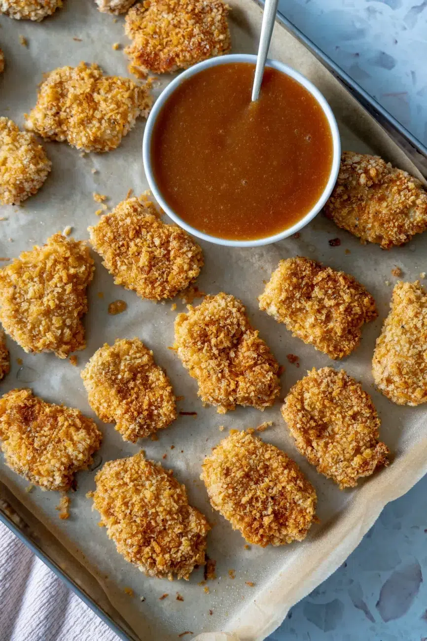 Freshly Baked Chicken Nuggets on baking tray