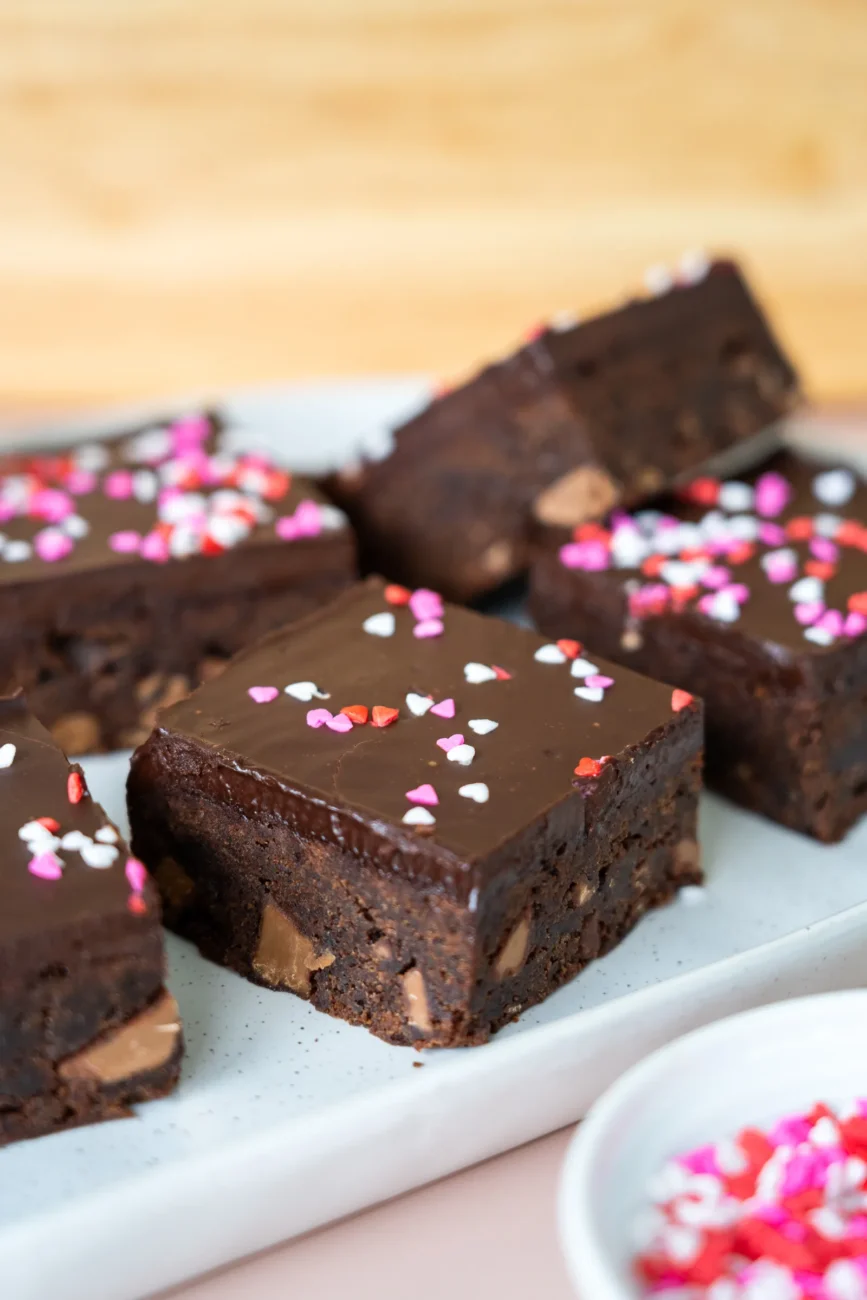 Valentines Day Brownie plated on platter closeup