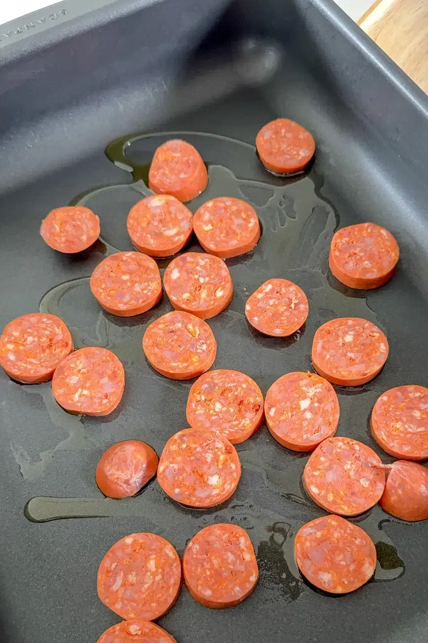 chorizo sliced and ready to bake