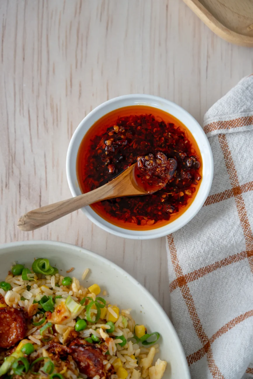 close up of chilli oil in serving dish