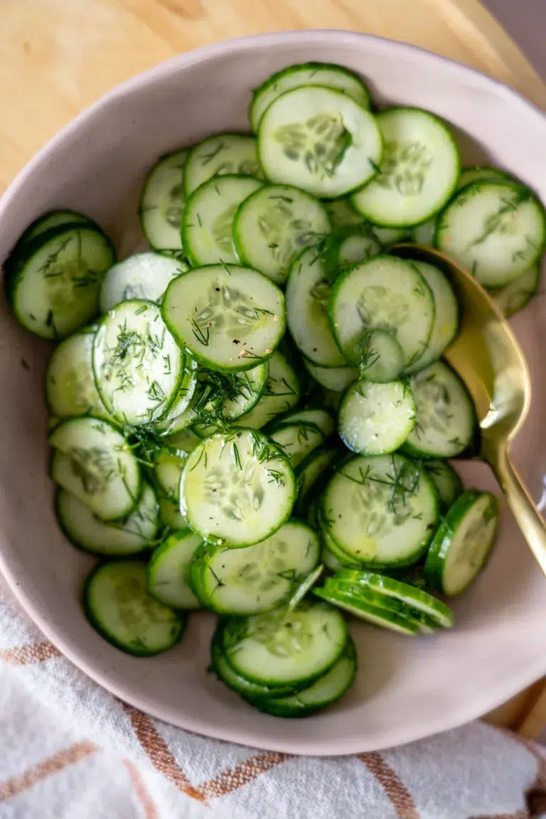 dill cucumber salad recipe in pink bowl