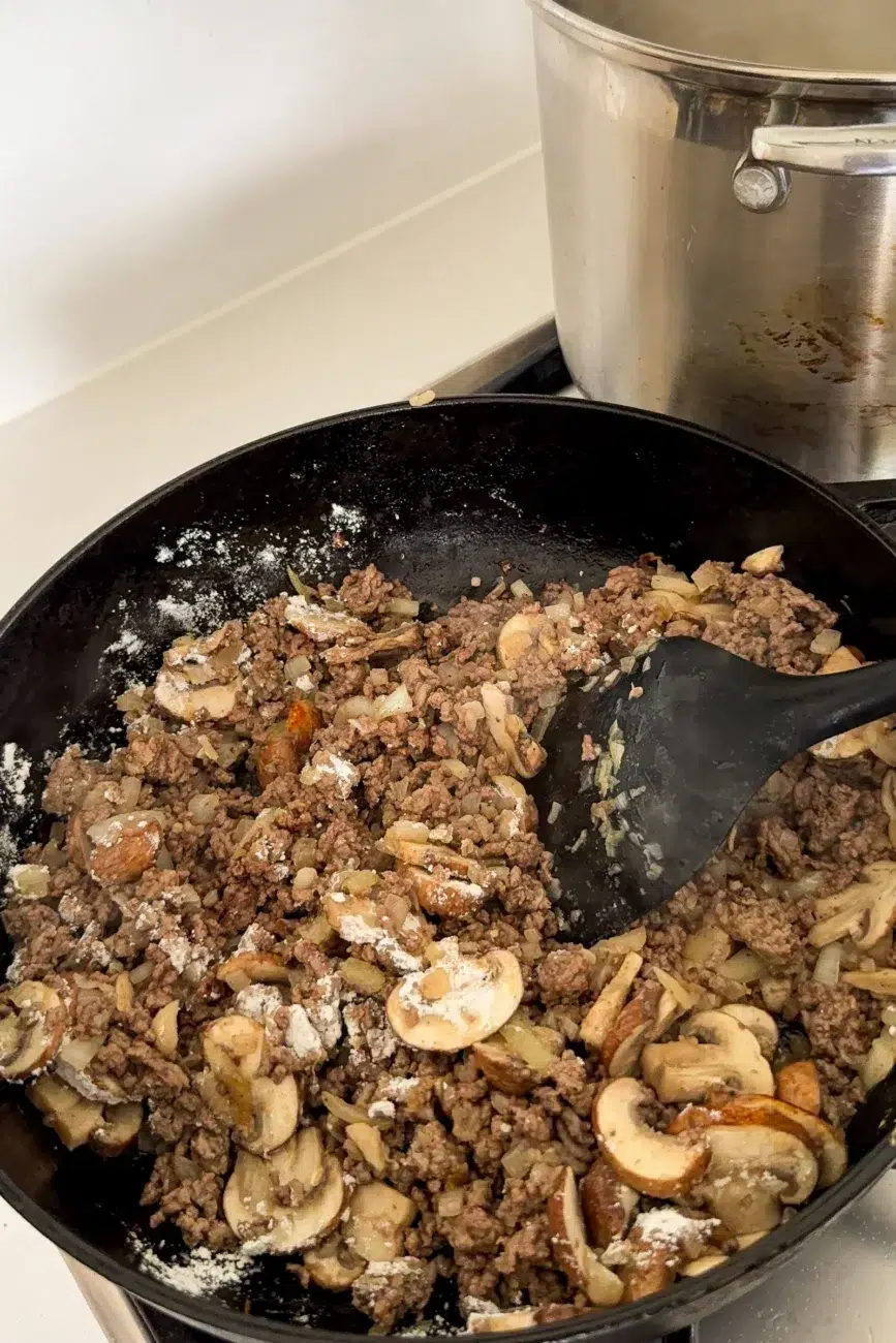 flour mixed into beef and mushroom mixture for stroganoff