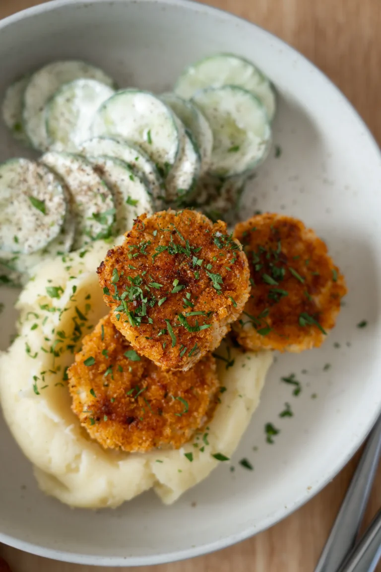 plated chicken rissoles close up overhead