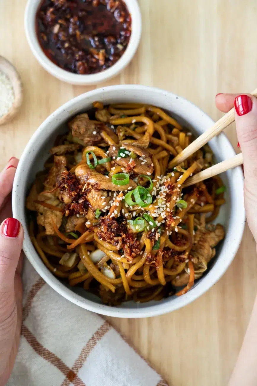 street-style soy noodle recipe with chopsticks