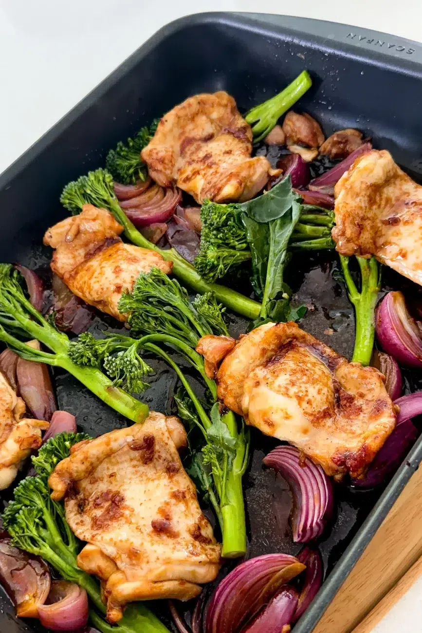 Honey soy chicken traybake recipe with broccolini