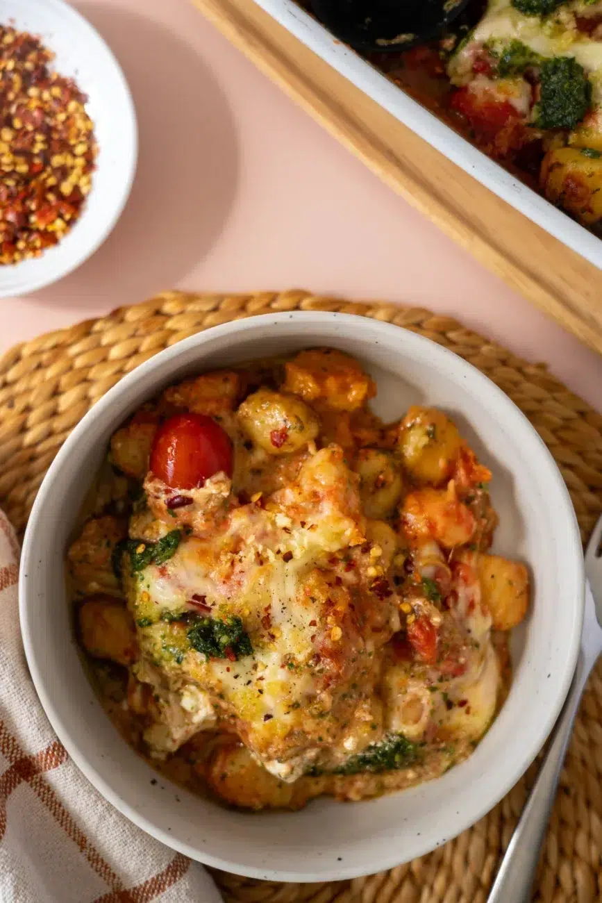 Plated serving of Pesto Gnocchi Bake