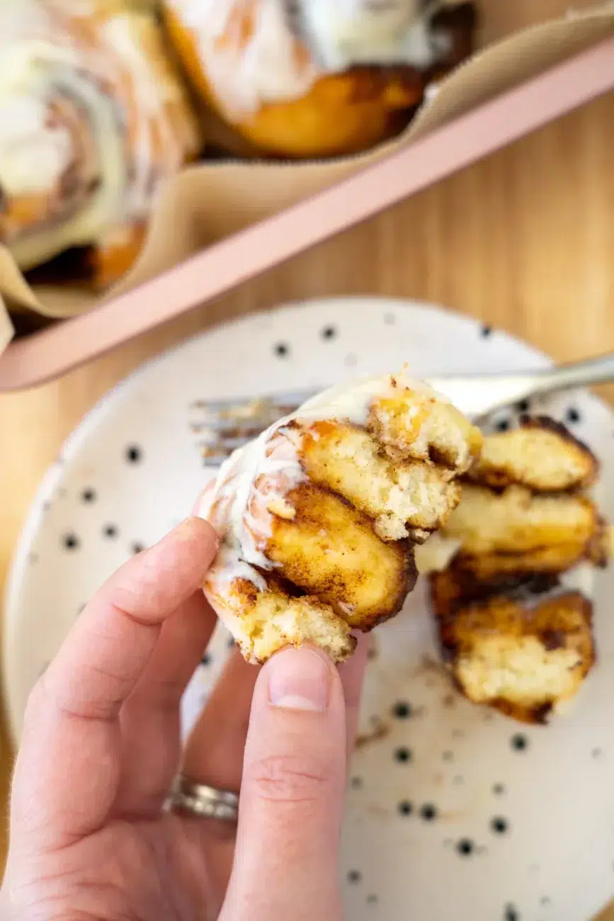 Easy no yeast cinnamon scrolls cut in half