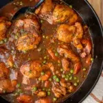 Finished chicken carrots and gravy in pan with spoon ready to be served