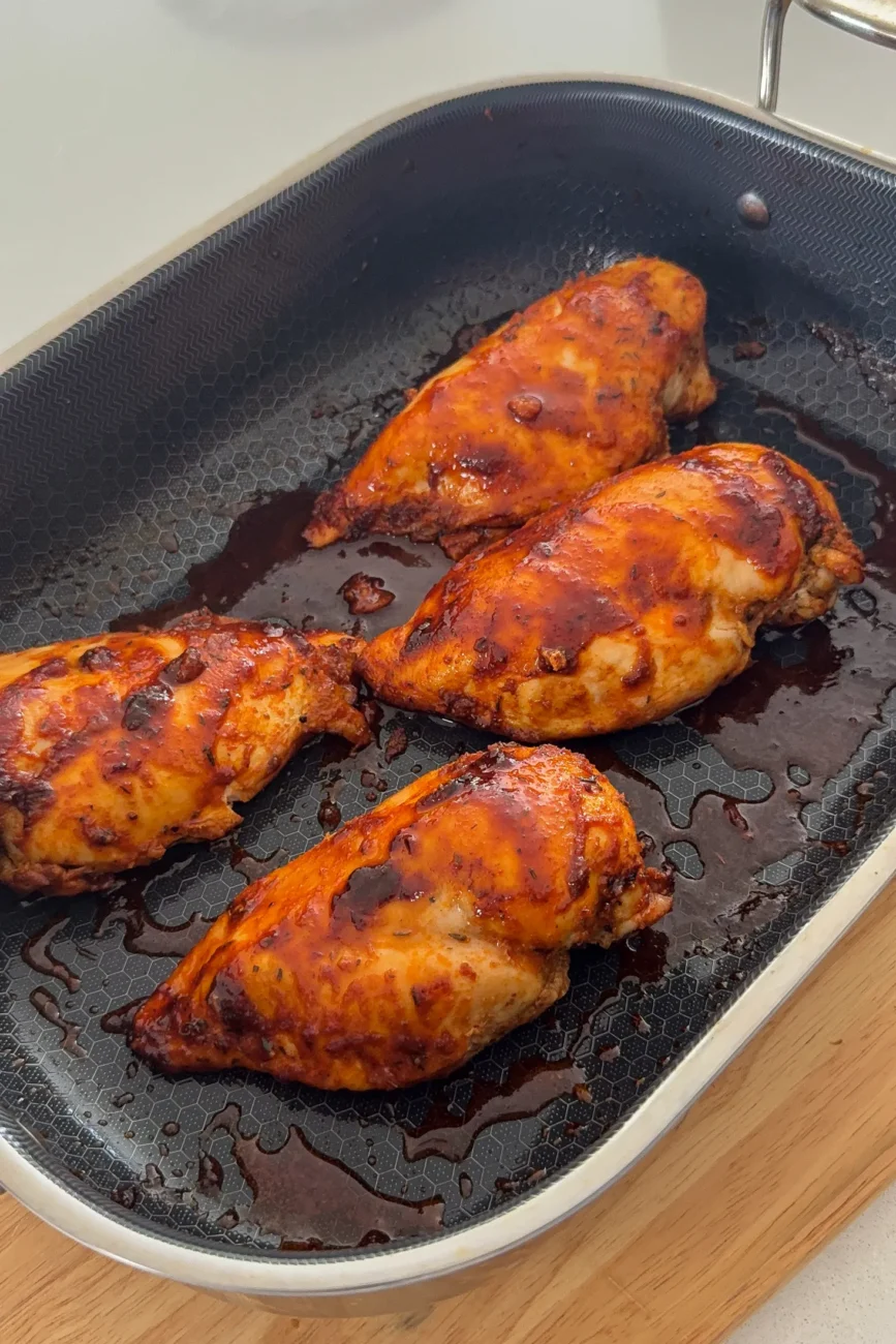 Baked chicken breast with a deep golden caramelised colour