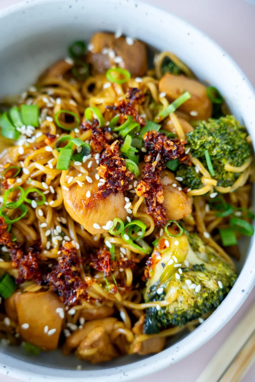 Close up of One pan chicken and broccoli ramen noodles plated