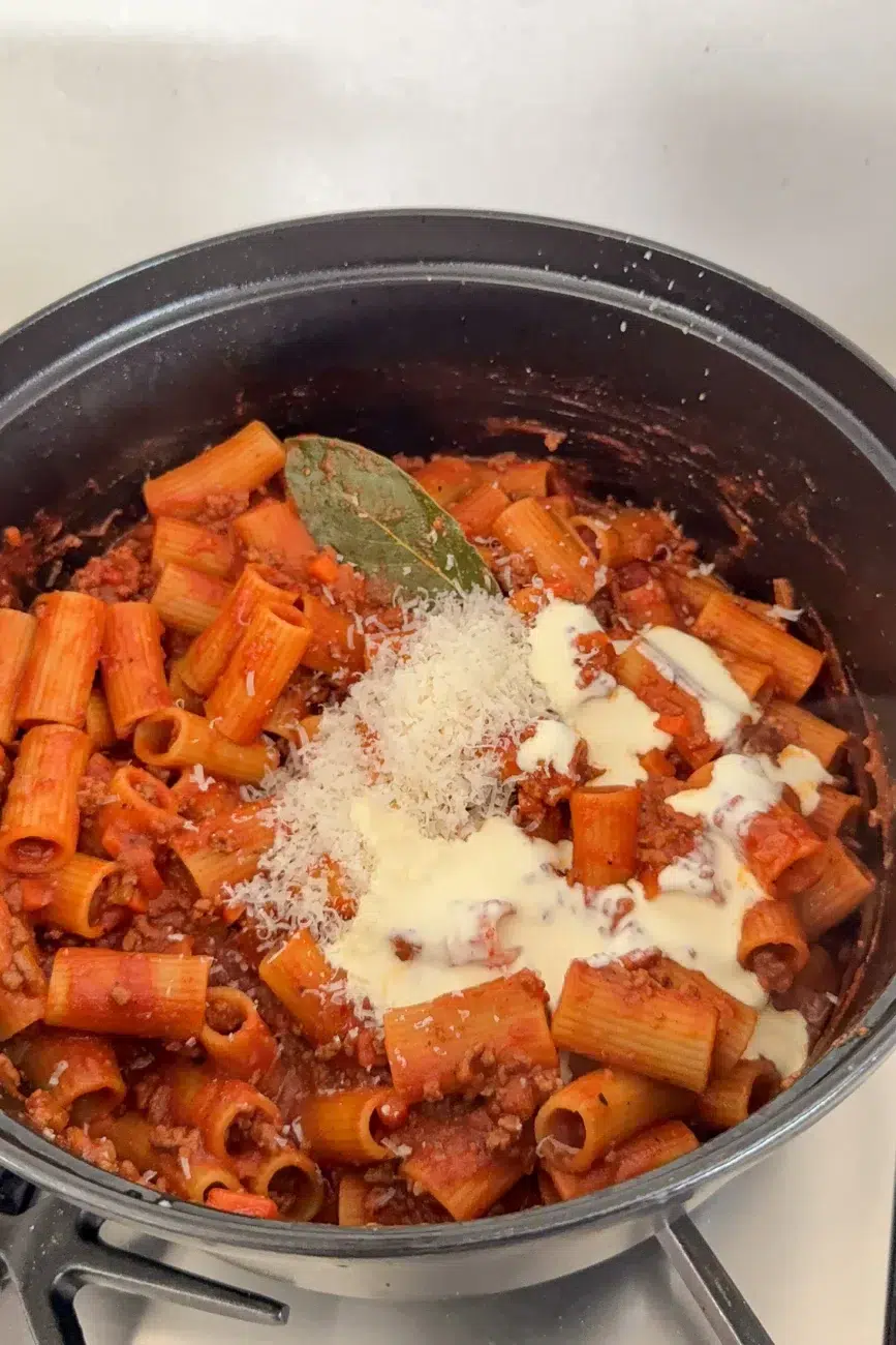 Cream and parmesan on One-pot Creamy Bolognese