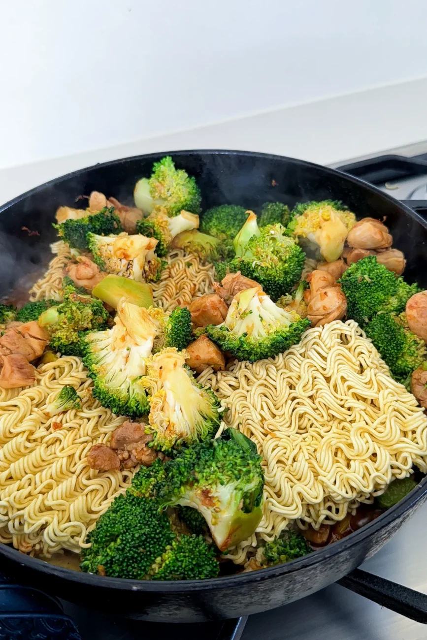 Ramen noodle bundles added directly into pan