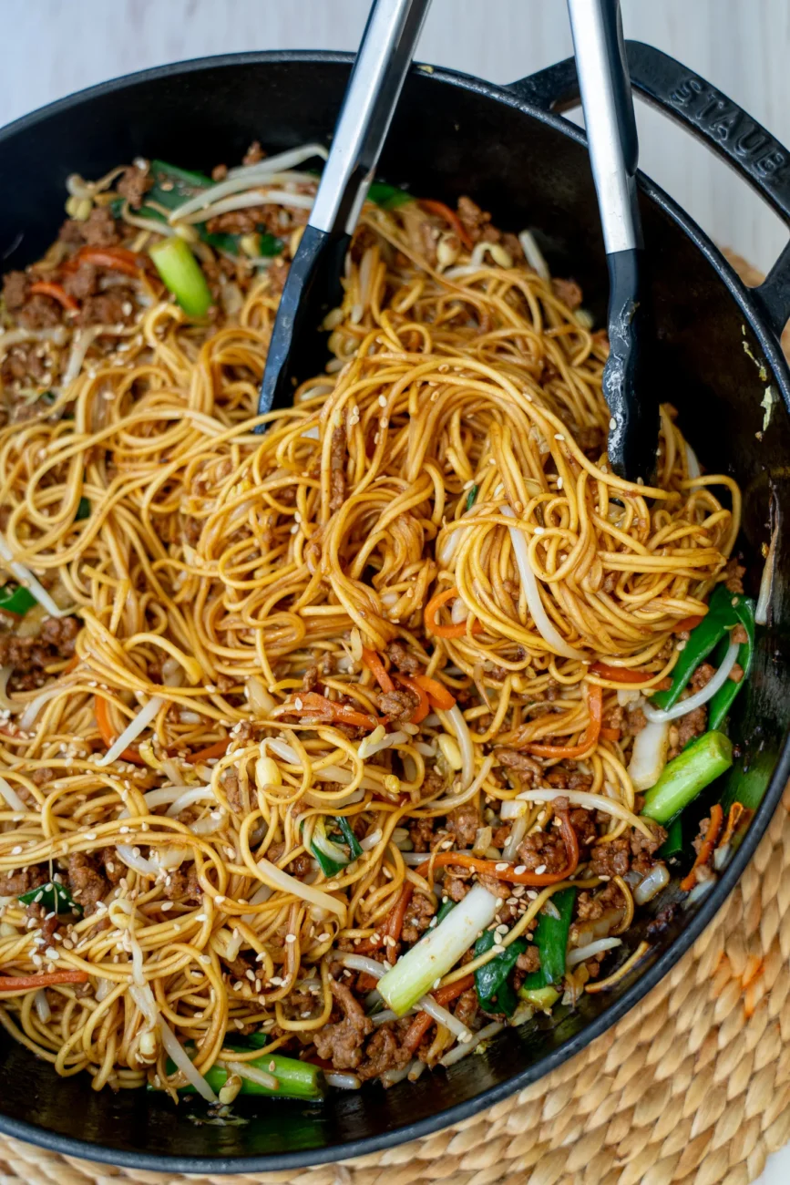 Finished Sticky Soy Beef Mince Noodles in pan
