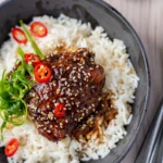 Soy braised chicken with rice and toppings