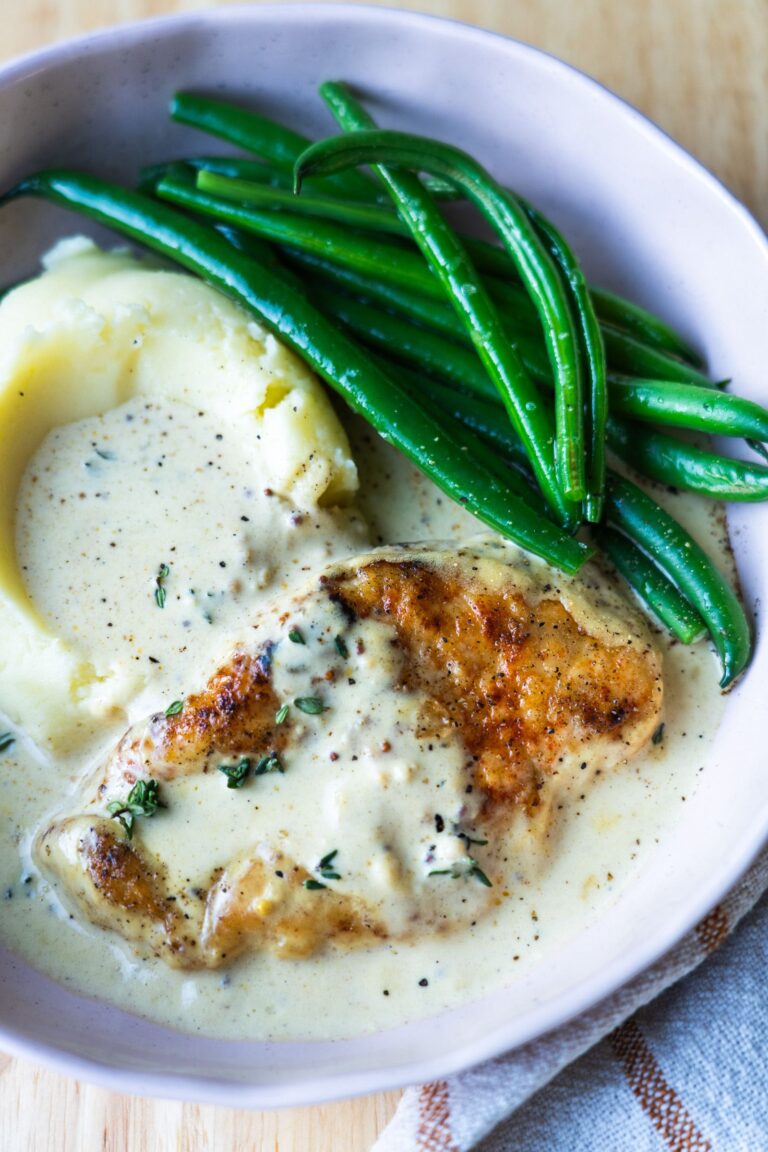 Creamy Mustard Chicken Plated with Mash and Beans