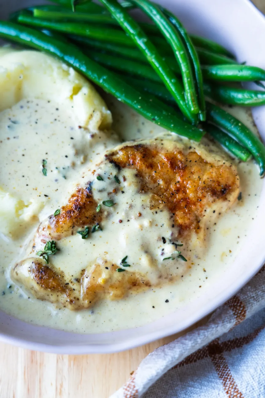 Creamy Mustard Chicken Recipe Plated with Mash and Beans.jpg