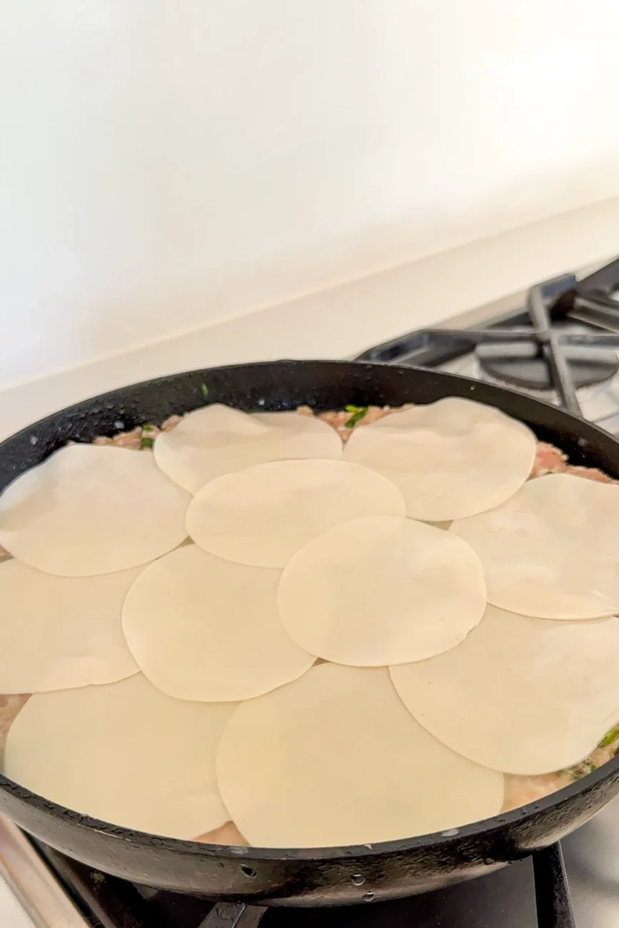 Dumpling wrappers ready to be topped with chicken stock and cooked