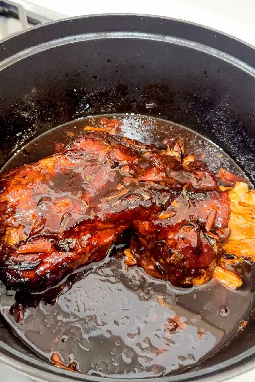 Pork fully cooked with corn flour added to sauce to thicken