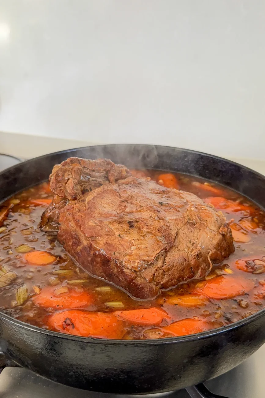 The beef is turned half way through cooking to ensure even cooking