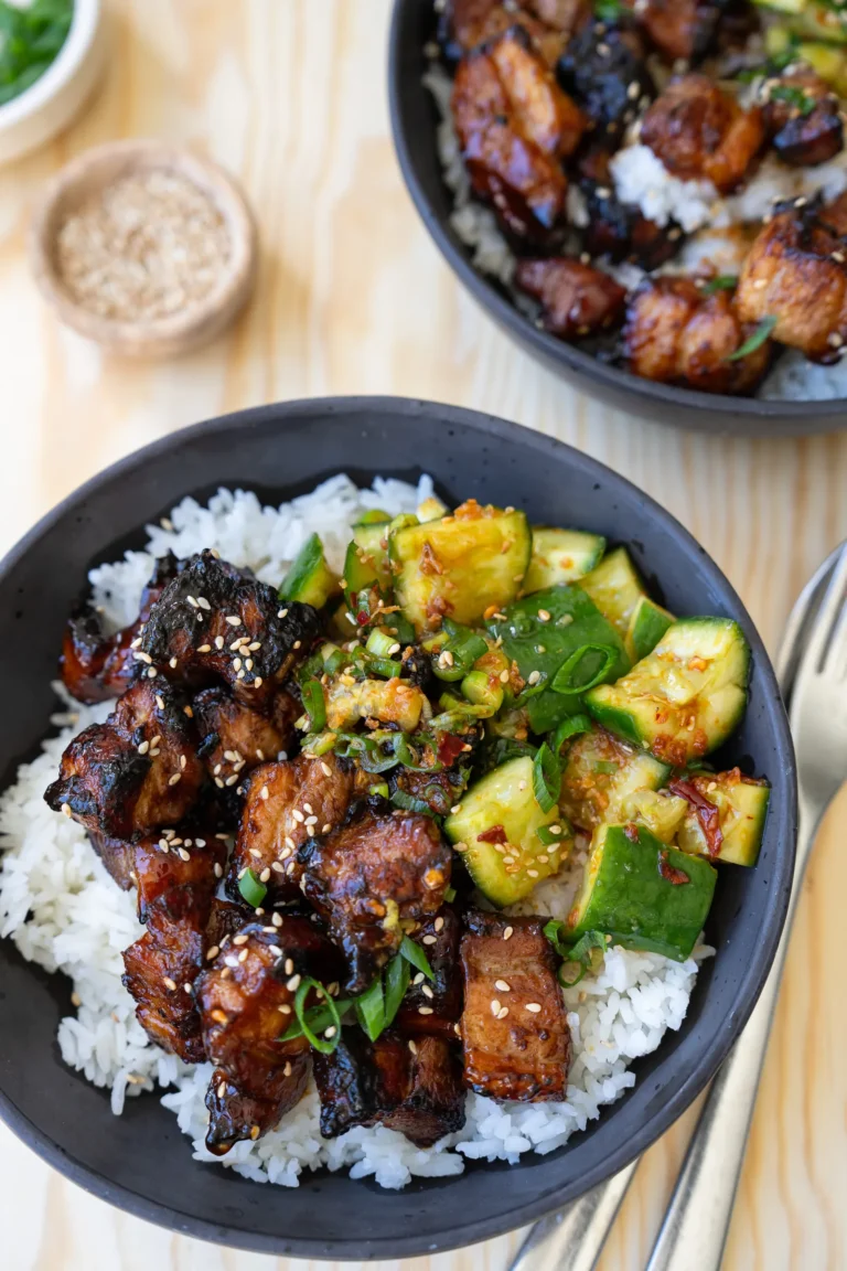 Two bowls Pork belly bites plated