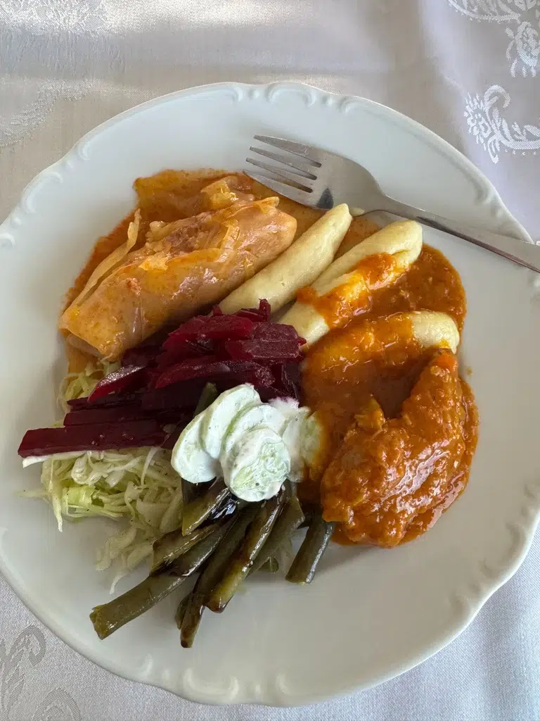 Plate of Croatian cabbage rolls, goulash, potato dumplings, beetroot and cabbage salad