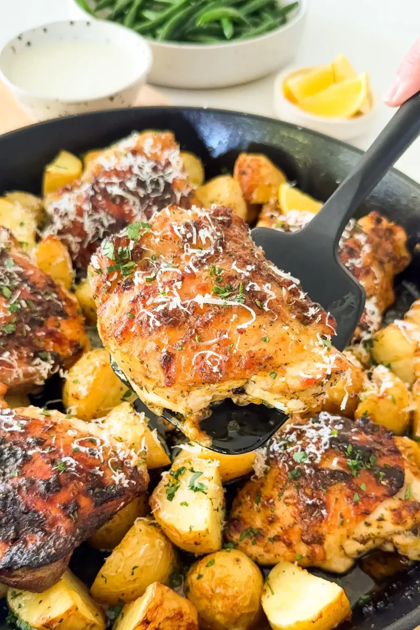 Chicken once it is cooked being held up to camera with spatula
