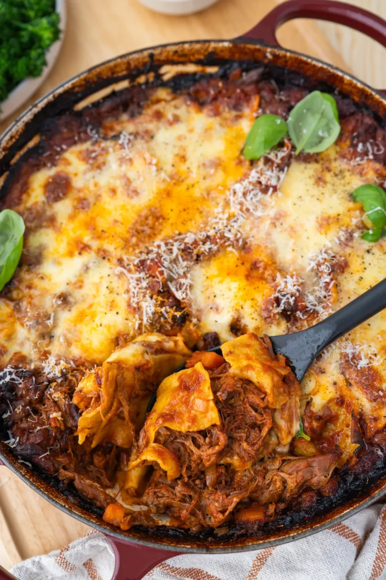 one pan beef ragu lasagne close up