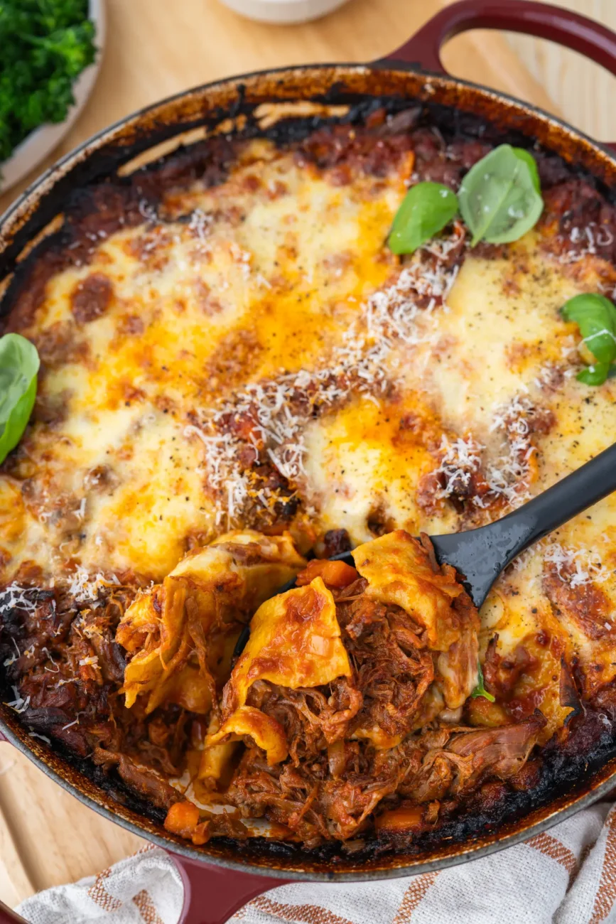 one pan beef ragu lasagne close up