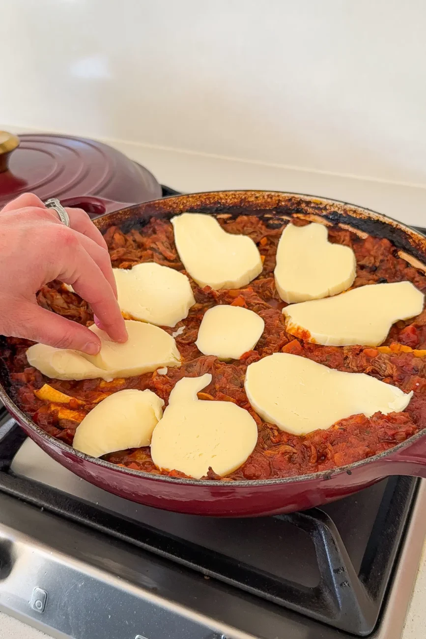 one pan beef ragu lasagne topped with mozzarella
